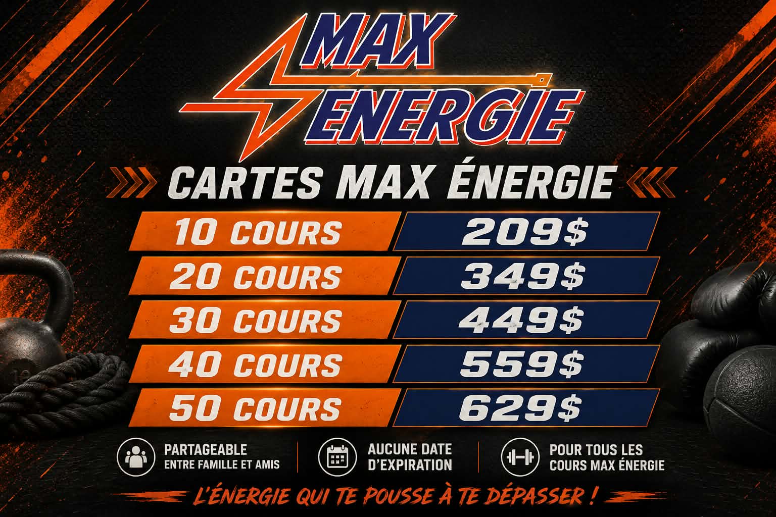 Cartes Max Énergie — tarifs de 10 à 50 cours