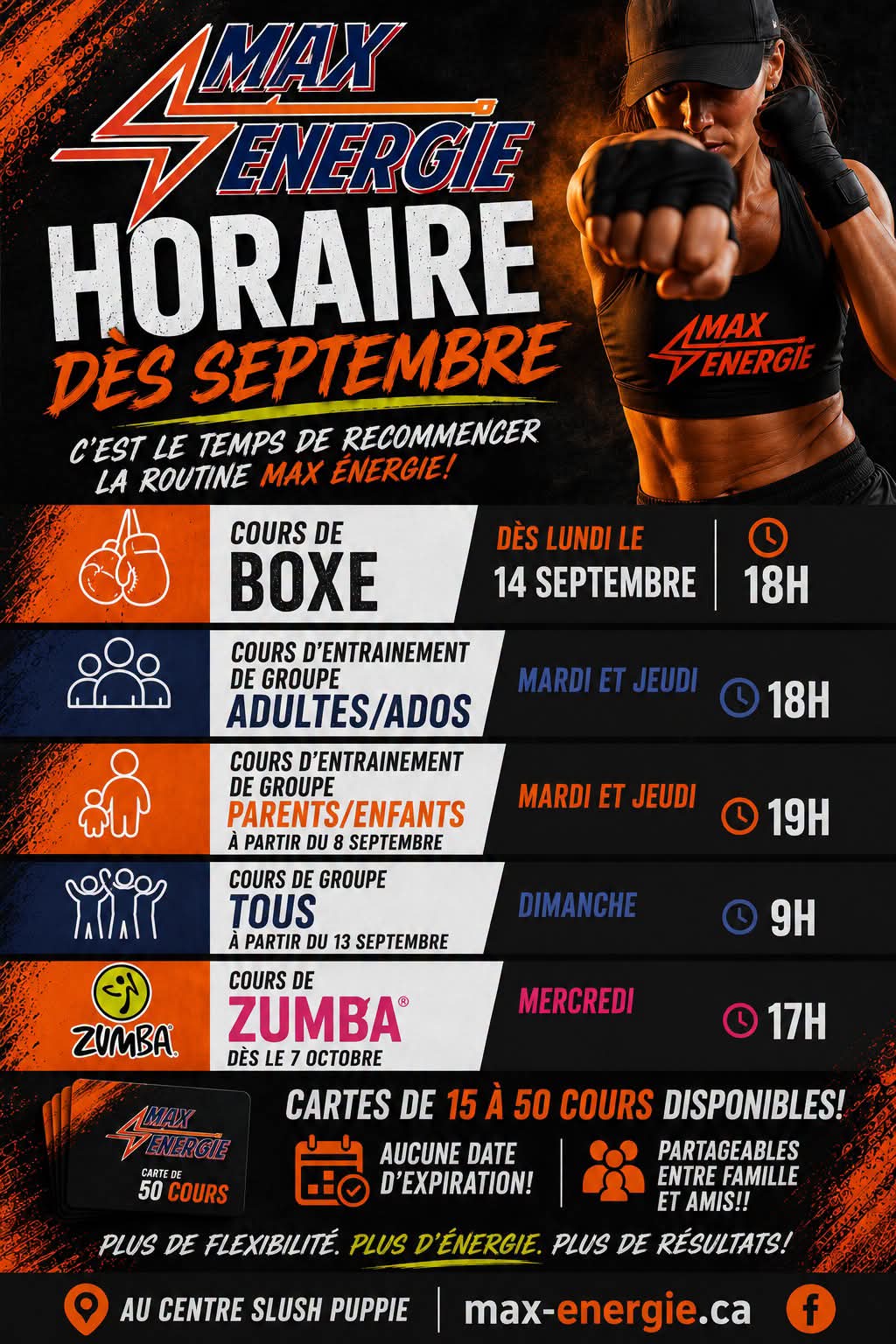 Horaire Max Énergie dès septembre — Boxe, Adultes/Ados, Parents/Enfants, Zumba